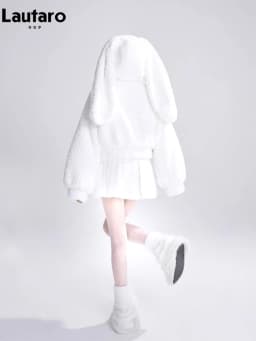 Lautaro Autumn Winter Sweet Cute Lovely Warm Soft White Short Faux Fur Coat Women  with Bunny Ears Fluffy Jacket Hoodie 2023