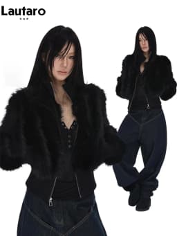 Lautaro Spring Winter Short Black Soft Thick Warm Hairy Faux Fur Coat Women Zip Up Luxury Designer Clothes Fluffy Jacket 2025