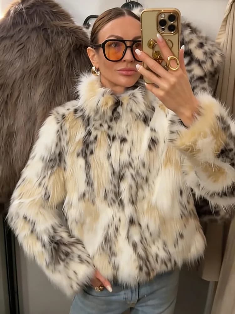 2026 Winter Animal Print Fluffy Faux Fur Coats For Women Chic Thick Warmth Stand Collar Jacket Street Lady Long Sleeve Outerwear