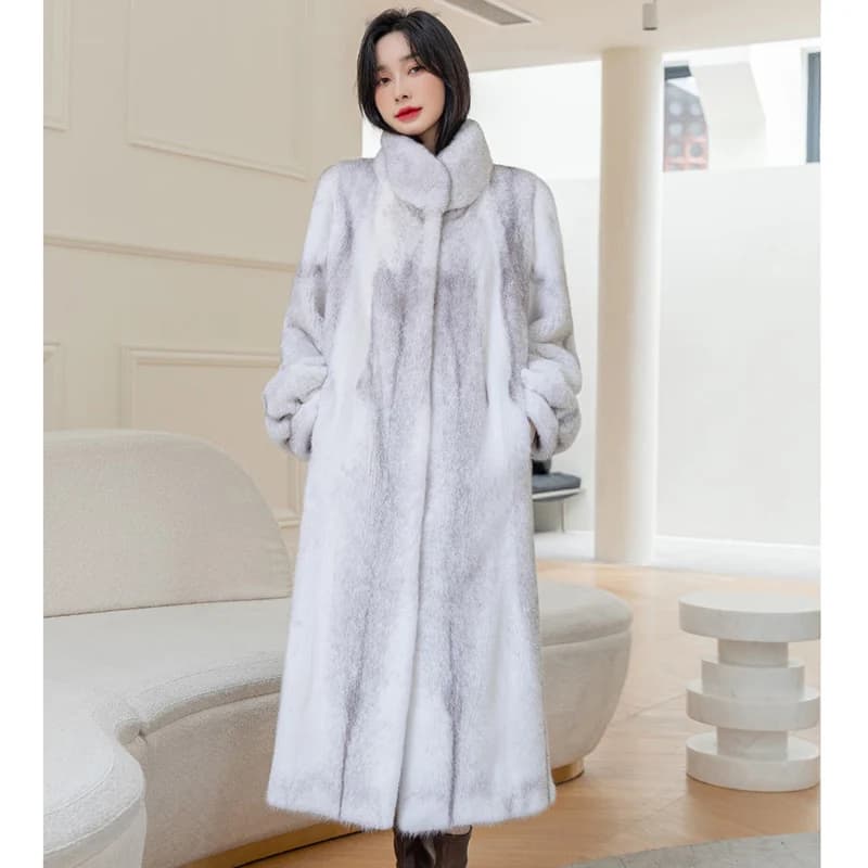 Women's long mink coat winter new fashion stand collar warm fur coat casual large size