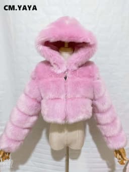 CM.YAYA Women Faux Fur Coats Solid Hooded Straight Short Coat Warm Soft Easy-matching Crop Tops Female Fashion Streetwear Winter