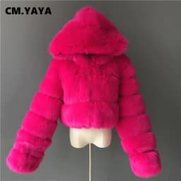 CM.YAYA Women Faux Fur Coats Solid Hooded Straight Short Coat Warm Soft Easy-matching Crop Tops Female Fashion Streetwear Winter