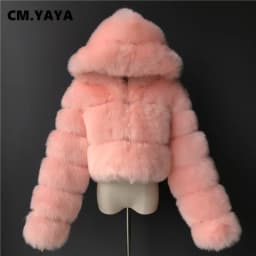 CM.YAYA Women Faux Fur Coats Solid Hooded Straight Short Coat Warm Soft Easy-matching Crop Tops Female Fashion Streetwear Winter