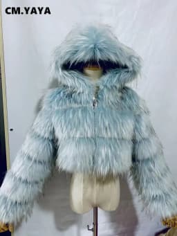 CM.YAYA Women Faux Fur Coats Solid Hooded Straight Short Coat Warm Soft Easy-matching Crop Tops Female Fashion Streetwear Winter