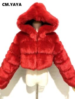 CM.YAYA Women Faux Fur Coats Solid Hooded Straight Short Coat Warm Soft Easy-matching Crop Tops Female Fashion Streetwear Winter