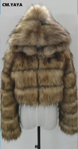 CM.YAYA Women Faux Fur Coats Solid Hooded Straight Short Coat Warm Soft Easy-matching Crop Tops Female Fashion Streetwear Winter
