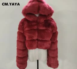 CM.YAYA Women Faux Fur Coats Solid Hooded Straight Short Coat Warm Soft Easy-matching Crop Tops Female Fashion Streetwear Winter