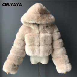 CM.YAYA Women Faux Fur Coats Solid Hooded Straight Short Coat Warm Soft Easy-matching Crop Tops Female Fashion Streetwear Winter