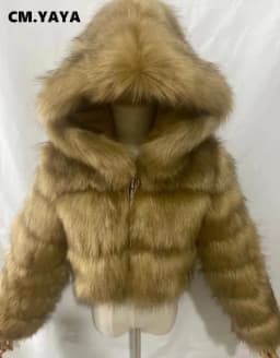 CM.YAYA Women Faux Fur Coats Solid Hooded Straight Short Coat Warm Soft Easy-matching Crop Tops Female Fashion Streetwear Winter