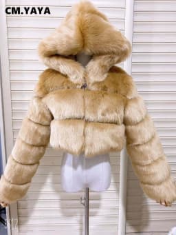 CM.YAYA Women Faux Fur Coats Solid Hooded Straight Short Coat Warm Soft Easy-matching Crop Tops Female Fashion Streetwear Winter