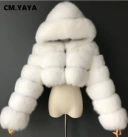 CM.YAYA Women Faux Fur Coats Solid Hooded Straight Short Coat Warm Soft Easy-matching Crop Tops Female Fashion Streetwear Winter