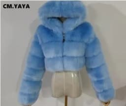 CM.YAYA Women Faux Fur Coats Solid Hooded Straight Short Coat Warm Soft Easy-matching Crop Tops Female Fashion Streetwear Winter
