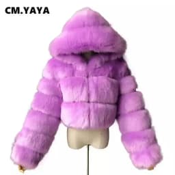 CM.YAYA Women Faux Fur Coats Solid Hooded Straight Short Coat Warm Soft Easy-matching Crop Tops Female Fashion Streetwear Winter