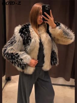 Stylish Contrast Faux Fur Women Coat Elegant O-neck Single Breasted Full Sleeve Female Coats 2026 Autumn Winter Chic Lady Jacket