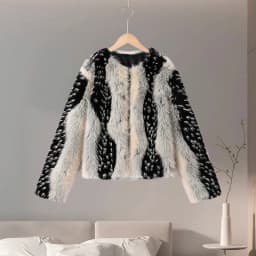 Stylish Contrast Faux Fur Women Coat Elegant O-neck Single Breasted Full Sleeve Female Coats 2026 Autumn Winter Chic Lady Jacket