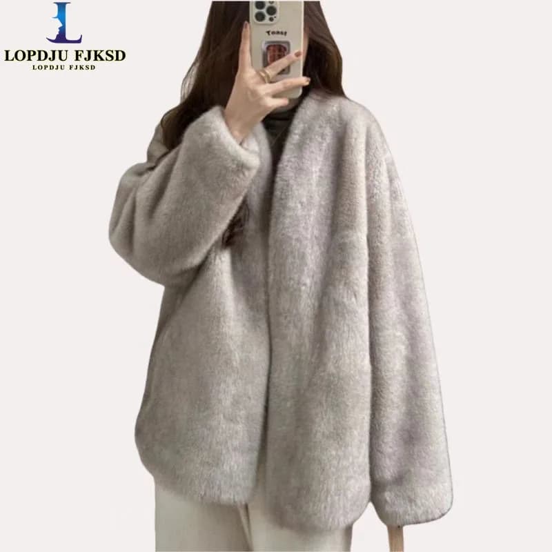 Faux Mink Fur Coats for Women,Covered Button Short Jackets,V-Neck Overcoat,Female Clothes,Thicken Warm ,Preppy Style，New，Winter