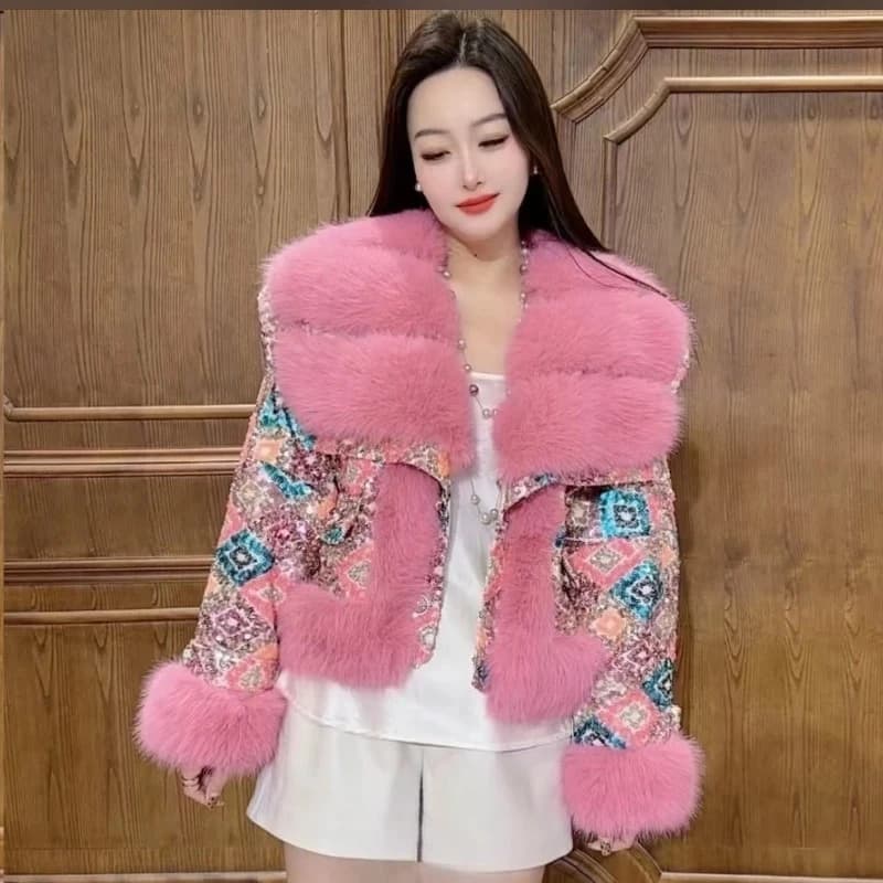 Outcoat The New Fur Cotton-padded Jacket Features Heavy Sequins Outerwear Sweet Faux Leather and A Stylish Thickened Fur Coat