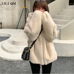 Oversize Parkas Women's Winter Fur Jacket Female Loose Faux Rabbit Fur Zip Hooded Thicken Short Fur Coat Thick Furry Warm Jacket