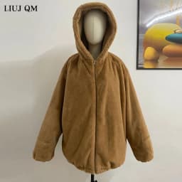 Oversize Parkas Women's Winter Fur Jacket Female Loose Faux Rabbit Fur Zip Hooded Thicken Short Fur Coat Thick Furry Warm Jacket