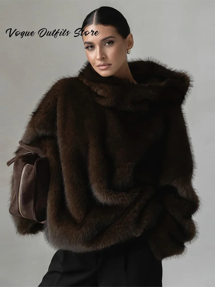 Casual Furry Faux Fur Hooded Pullover Women Loose Full Sleeve Warm Solid Coat 2026 Autumn Winter Lady Street Fashion Outwear New