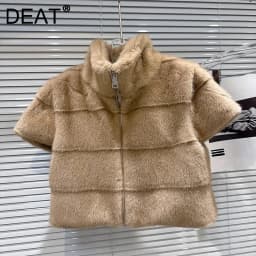 DEAT 2025 Winter New Fashion Faux Fur Short Sleeve Jacket For Women Soft Stand Collars Zipper Versatile Coat Female 11A08005