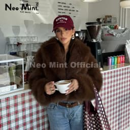 Neo Mint Winter 2025 Trendy Brown Obsession Cropped Shawl Collar Faux Fur Coat Women Jacket Chic Girls Brand Fox Fur Outerwear