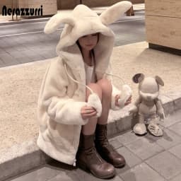Nerazzurri Spring Fluffy Jacket with Rabbit Ears Raglan Sleeve Zipper Oversize Light Soft Harajuku Kawaii Faux Fur Hoodie 2021