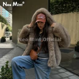 Neo Mint Exclusive Women Winter Hooded Faux Fur Coat Chic Street Fashion Girls Fluffy Fox Fur Jacket Thick Warm Shaggy Overcoat