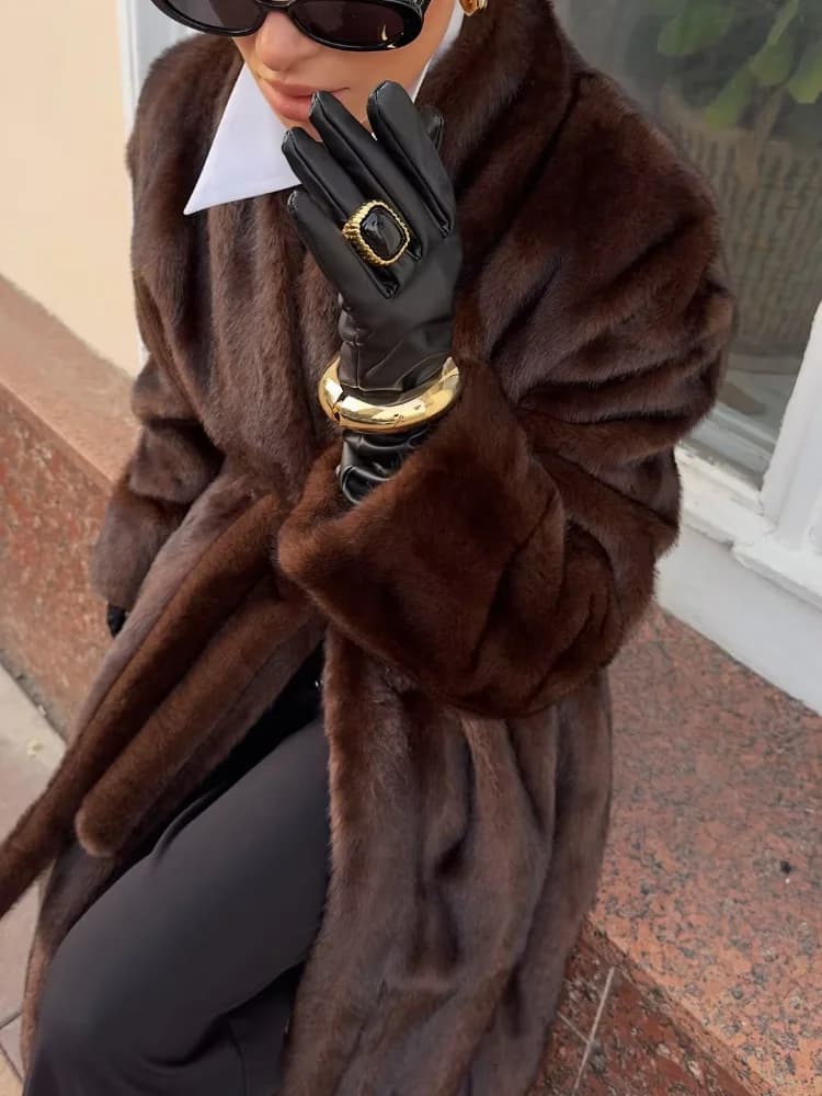 Women Casual Brown Lace Up Faux Fur Coat Turtleneck Full Sleeve Fluffy Loose Striped Long Coats Lady Winter Daily Street Jacket
