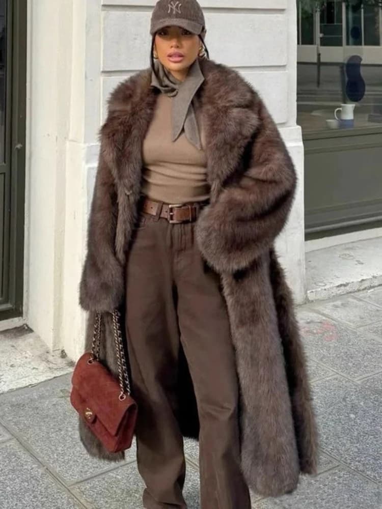 2025 New Vintage Luxury Long Faux Fox Fur Coat Women Winter Warm Fluffy Fur Jacket Female Street Furry Outerwear Overcoat