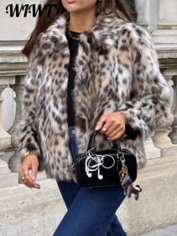 Fashion Leopard Faux Fur Coat Women Casual Lapel Single Breasted Plush Warm Overcoat 2025 Winter New Lady Cozy Print Streetwear