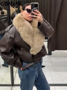 Elegant PU Fur Patchwork Jacket Women Loose Detachable Collar Lapel Double Breasted Jackets Female Fashion Winter Warm Outwear