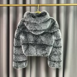 Winter Warm Ladies Fake Fox Fur Jacket Short Fashion Hooded Artificial Fox Fur Coat High Quality Women's Cropped Fur Coat Black