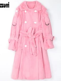 Nerazzurri Long Warm Thick Soft Fluffy Faux Fur Trench Coat for Women 2022 Double Breasted Pink White Green Winter Fashion Belt