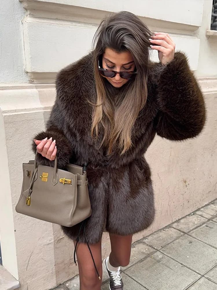 With Belt Fur Coat Fluffy Large Heart Shaped Waist Cinching Deep V Mid Length Overcoat Warm Plush Women Trend Outwear Winter Top