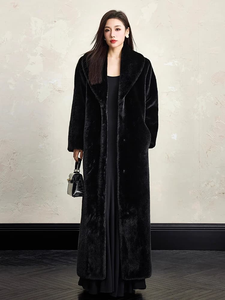 Lautaro Winter Extra Long Elegant Luxury Chic Thick Warm Soft Black Fluffy Faux  Fur Coat Women Shawl Collar Furry Overcoat 2025