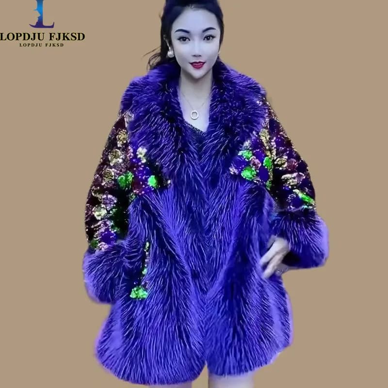 Faux Fur Coat for Women,Sequins Jacket,Covered Button Loose Long Overcoat, Thick Warm Female Clothing,New,High Quality,Winter