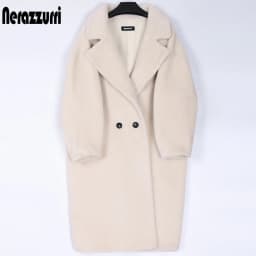 Nerazzurri Winter Long Oversized Teddy Coat Women Lapel Brown Thick Warm Sheep Wool Teddy Bear Jacket Women Plus Size Fashion