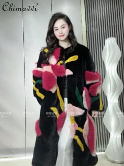 Women's Winter New Heavy Fashion Thickened Warm Light Luxury Round Neck Colorful 3D Patchwork Long Fur Elegant Women's Fur Coat