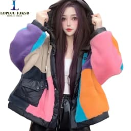 Faux Fur Coat for Women,Covered Button Jacket,Hooded Outwear,Luxury,Spliced,Autumn and Winter,2025