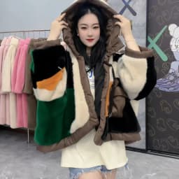 Faux Fur Coat for Women,Covered Button Jacket,Hooded Outwear,Luxury,Spliced,Autumn and Winter,2025
