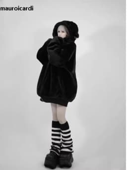 Mauroicardi Winter Cool Oversized Warm Thick Soft Faux Fur Coat Hoodie Women with Bear Ears Punk Style Fluffy Jacket Streetwear