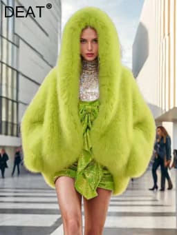 DEAT Fashion Faux Fur Coat Women's Hooded Long Sleeve Green Black Loose Plush Imitation Fox Fur Jacket Winter 2024 New 7AB6469