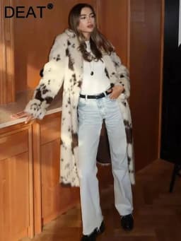 DEAT Fashion Tie Dye Faux Fur Coat Women's Lapel Loose Long Sleeves Plush Thick Overcoat Winter New 7A1355
