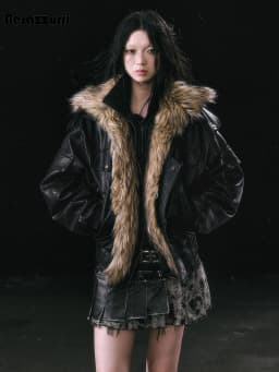 Nerazzurri Autumn Winter Loose Casual Quilted Warm Pu Leather Jacket Women with Detachable Faux Fur Collar Luxury Unisex Clothes