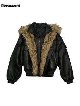 Nerazzurri Autumn Winter Loose Casual Quilted Warm Pu Leather Jacket Women with Detachable Faux Fur Collar Luxury Unisex Clothes