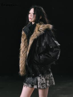 Nerazzurri Autumn Winter Loose Casual Quilted Warm Pu Leather Jacket Women with Detachable Faux Fur Collar Luxury Unisex Clothes