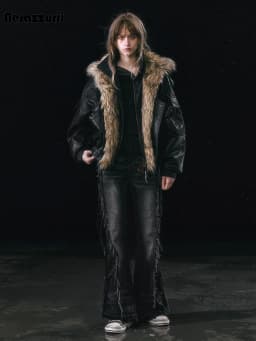 Nerazzurri Autumn Winter Loose Casual Quilted Warm Pu Leather Jacket Women with Detachable Faux Fur Collar Luxury Unisex Clothes