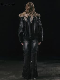 Nerazzurri Autumn Winter Loose Casual Quilted Warm Pu Leather Jacket Women with Detachable Faux Fur Collar Luxury Unisex Clothes