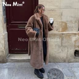 Neo Mint Luxury Long Belted Faux Mink Fur Coat Women 2025 Winter Thick Warm Overcoat Chic Street Fashion Fake Fur Coat Outerwear